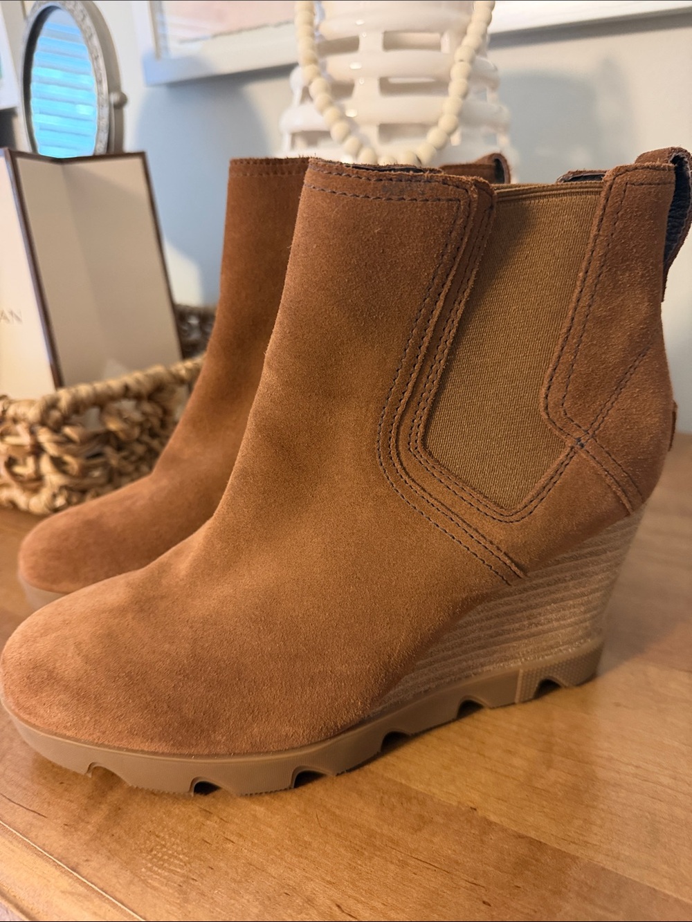 Sorel Tan Suede Wedge Ankle Booties